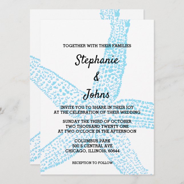 Invitation Starfish Nautical Blue White Beach Cute Mariage (Devant / Derrière)