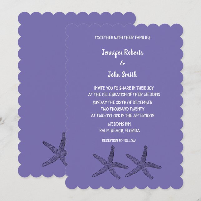 Invitation Starfish Patterns Purple White Cute Beach Mariage (Devant / Derrière)