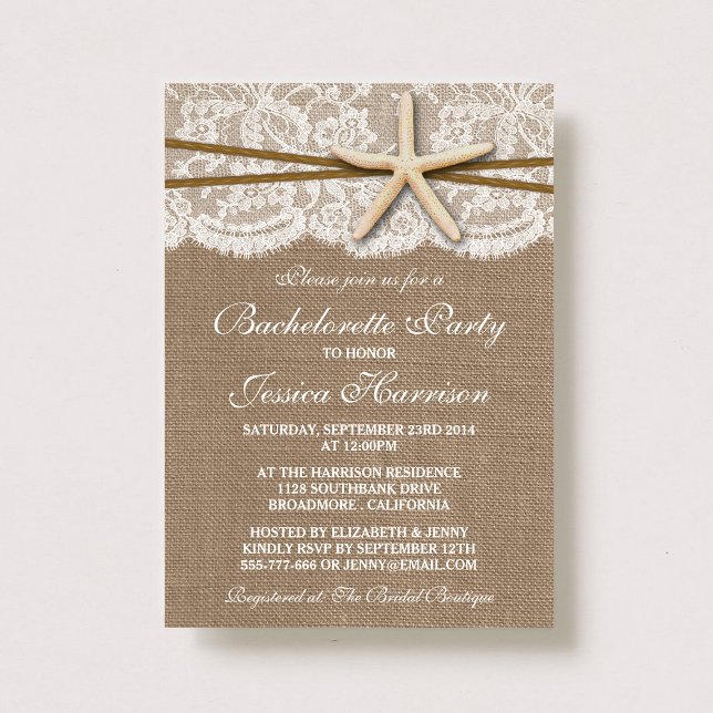 Invitation Starfish Rustique Sur Burlap Beach Bachelorette Pa (Créateur téléchargé)