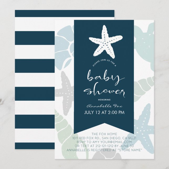 Invitation Starfish & Seashells Baby shower bleu marine (Devant / Derrière)