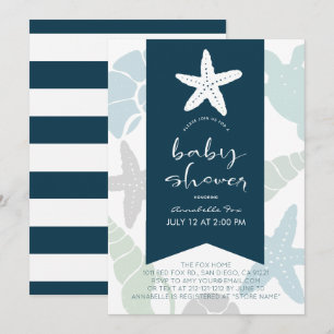 Invitation Starfish & Seashells Baby shower bleu marine