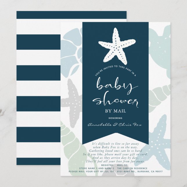 Invitation Starfish & Seashells Baby shower bleu marine par c (Devant / Derrière)