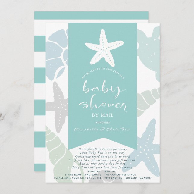 Invitation Starfish & Seashells Baby shower turquoise par mai (Devant / Derrière)
