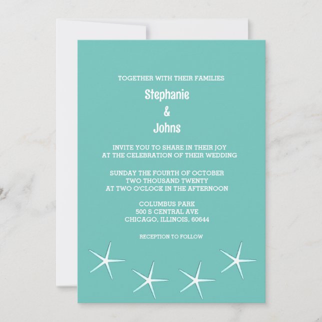 Invitation Starfish Teal Blue Beach Destination Wedding Cool (Devant)