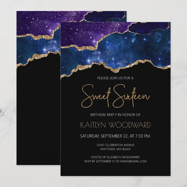 Invitation Starry Gold Agate Geode Sweet 16 Anniversaire (Devant / Derrière)