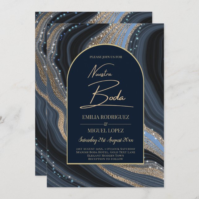 Invitation Starry Night Navy Gold Agate NUESTRA BODA Invitati (Devant / Derrière)