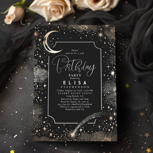 Invitation Starry Night Sky Moon Mystical Celestiday (Celestial Night Sky Stars Moon Black Birthday Invitations)