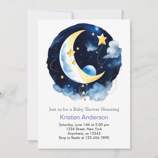 Invitation Starry Space Adventure Blue Boy Baby shower (Devant)