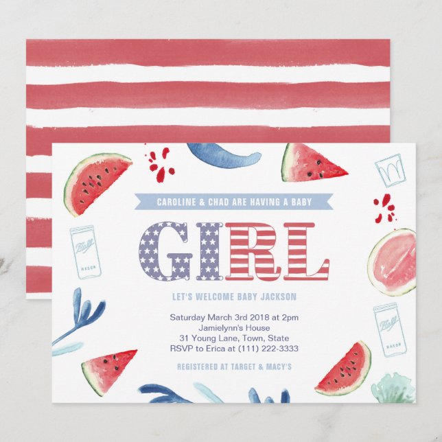 Invitation Stars and Stripes Co-ed Baby shower for Girl (Devant / Derrière)