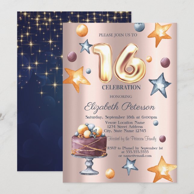 Invitation Stars Cake Marine Bleu Rose Gold Sweet 16 Invitati (Devant / Derrière)