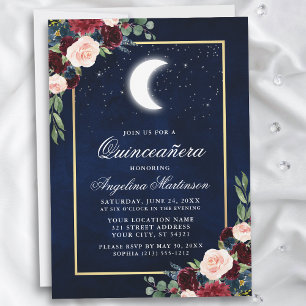 Invitation Stars de lune céleste Quinceanera or floral