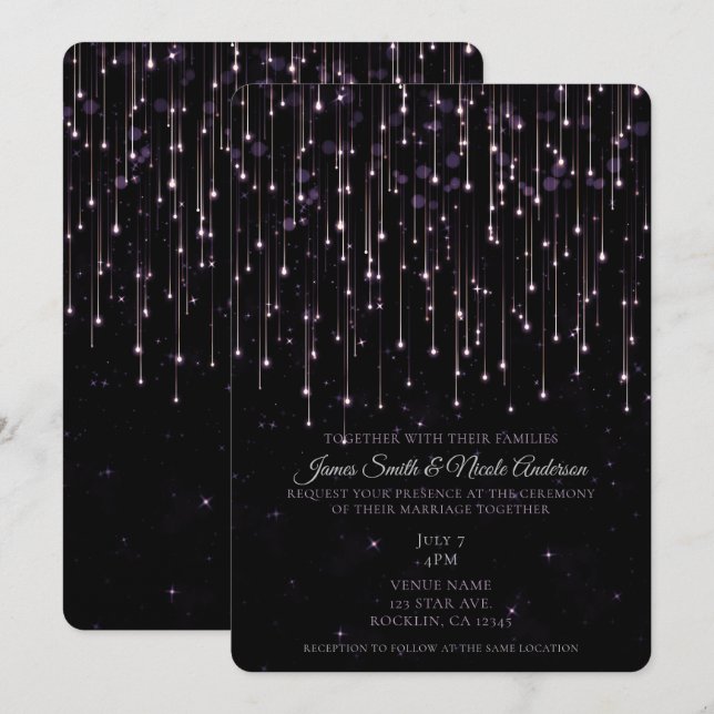 Invitation Stars De Tir Sparkly Purple Chic Mariage Moderne (Devant / Derrière)