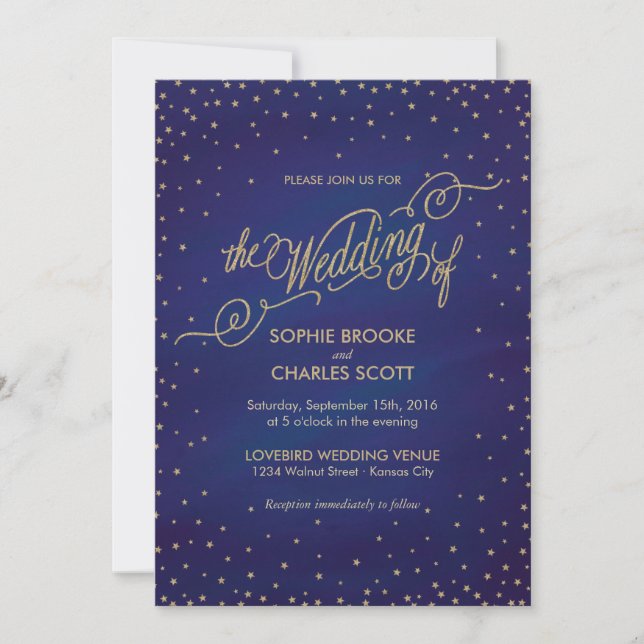 Invitation Stars enchantés bleu & or Mariage Fairytale (Devant)