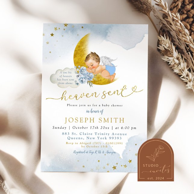 Invitation Stars Lune Bleu Ciel Envoyé Blonde Baby shower (Créateur téléchargé)