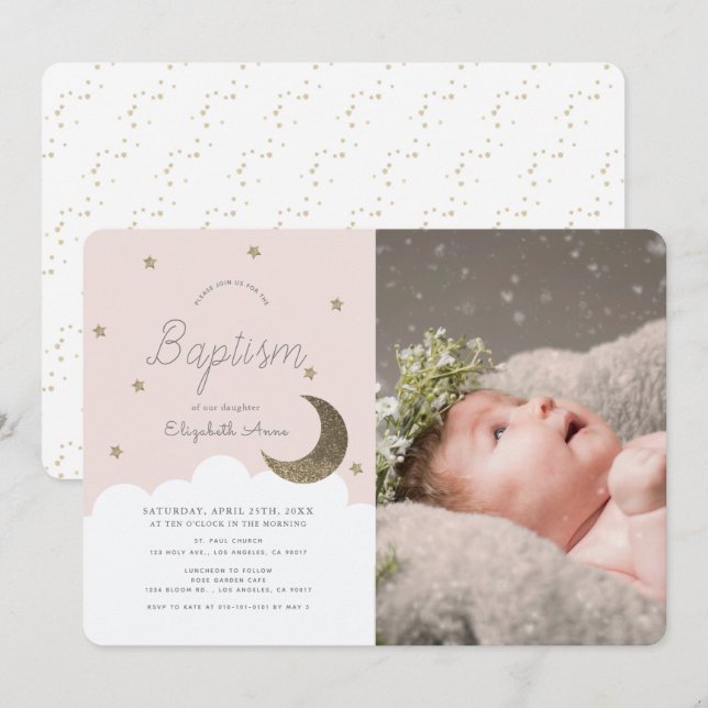 Invitation Stars & Lune Blush Rose Girl Photo Baptême (Devant / Derrière)