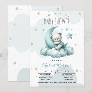 Invitation Stars Lune Nuages Vert Teddy Baby shower Ours