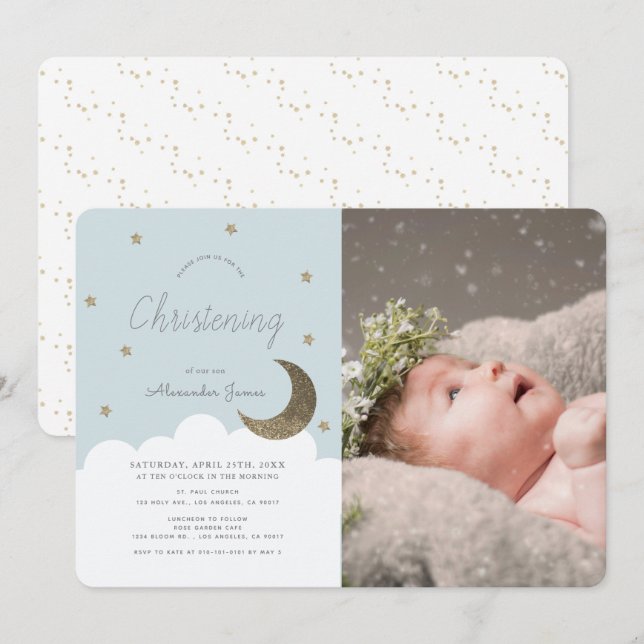 Invitation Stars & Moon Baby Blue Boy Photo Christening (Devant / Derrière)