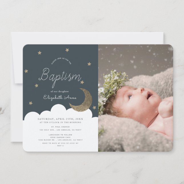 Invitation Stars & Moon Navy Blue Boy Photo Baptême (Devant)
