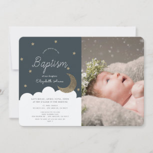 Invitation Stars & Moon Navy Blue Boy Photo Baptême