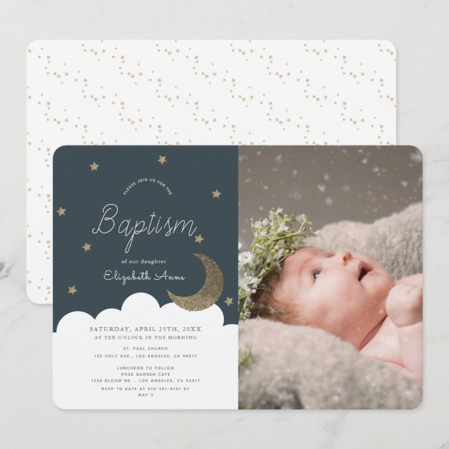 Invitation Stars & Moon Navy Blue Boy Photo Baptême (Devant / Derrière)