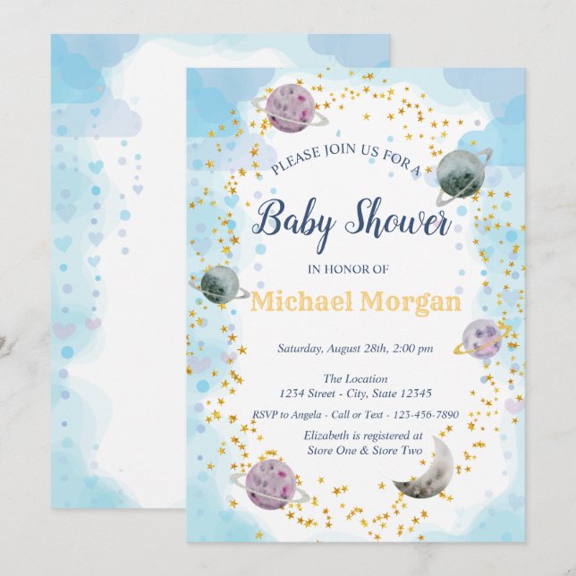 Invitation Stars Planètes Baby shower Bleu (Devant / Derrière)
