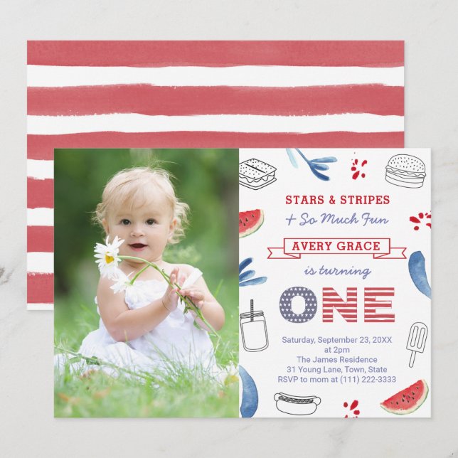 Invitation Stars & Stripes Et Tellement Amusants 1Er Annivers (Devant / Derrière)