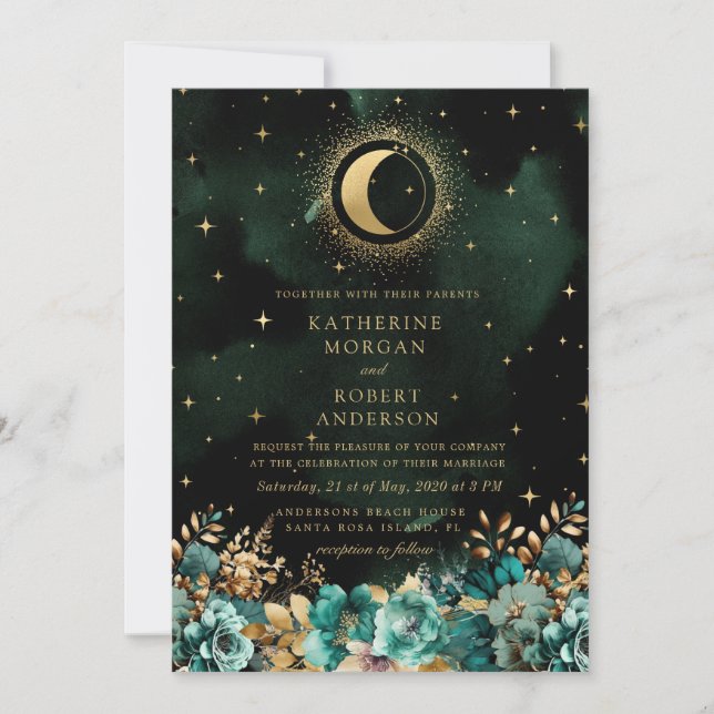 Invitation Stars Turquoises floraux célestes Mariage de lune (Devant)