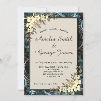 Invitation Steampunk Floral jaune et Mariage beige