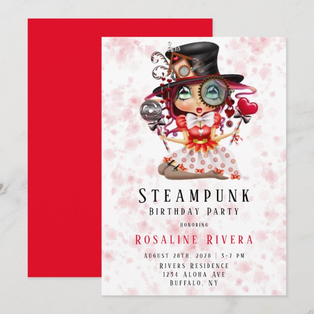 Invitation Steampunk Preteen Girl Anniversaire de fête Invita (Devant / Derrière)
