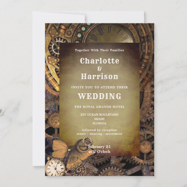 Invitation Steampunk Vintage mécanique engrenages Papillon (Devant)