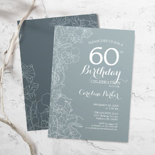 Invitation Steel Blue Floral 60e fête d'anniversaire