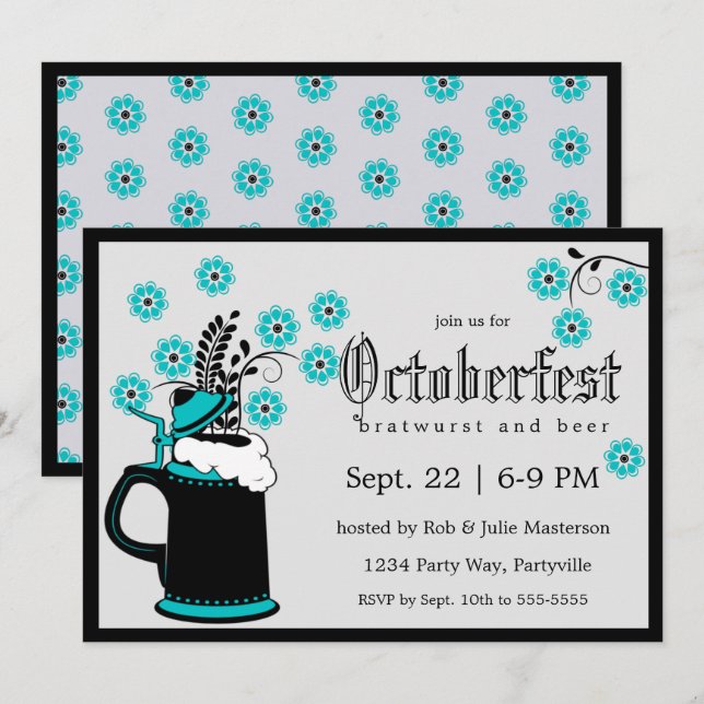 Invitation Stein élégant et Fleurs Turquoises Oktoberfest (Devant / Derrière)