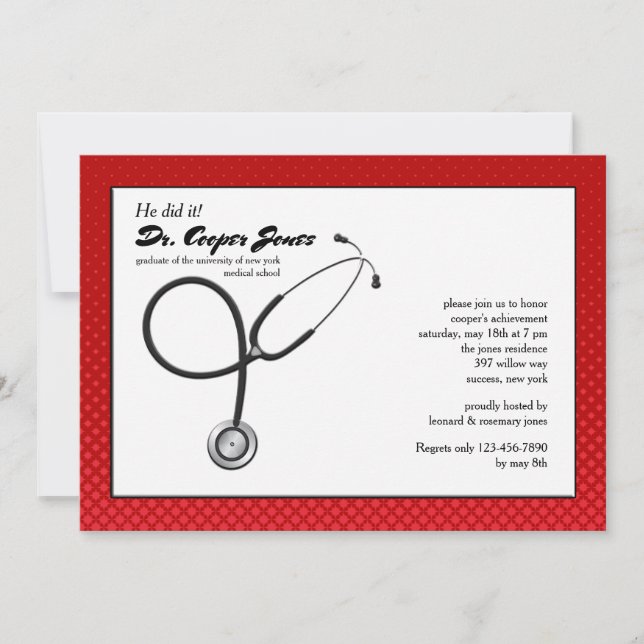 Invitation Stethoscope avec cadre rouge Médicale Graduation I (Devant)