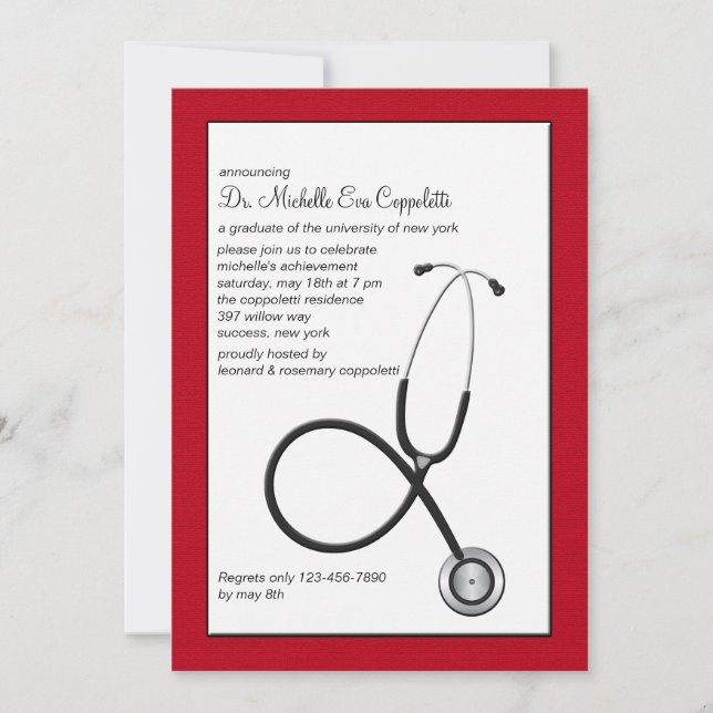 Invitation Stéthoscope avec l'obtention du diplôme Médicale (Devant)