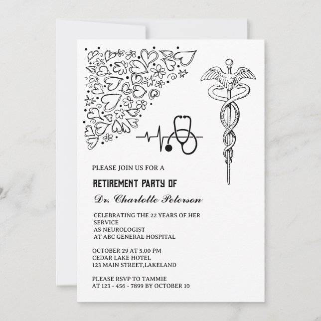 Invitation Stethoscope Caduceus Doctor Retirement Party (Devant)