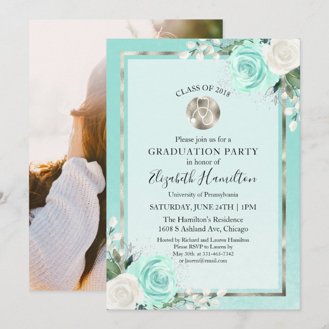 Invitation Stethoscope Médicale Nuring Grad Party Photo Turqu (Devant / Derrière)