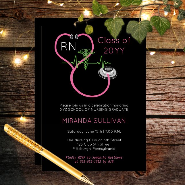 Invitation Stethoscope rose EKG Soins infirmiers fête de grad (Pink Stethoscope and Caduceus with EKG Line Nurse RN Nursing Graduation Party Invitation Print Digi)
