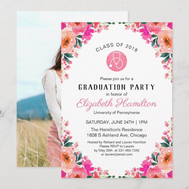 Invitation Stéthoscope Soins infirmiers Graduation Party Phot (Devant / Derrière)