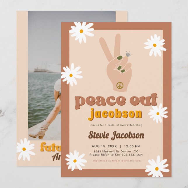 Invitation STEVIE Retro les années 70 Daisy Peace Out Fête de (Devant / Derrière)