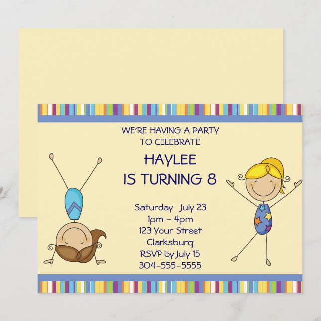 Invitation Stick Figure Girls Gymnastique Anniversaire (Devant / Derrière)
