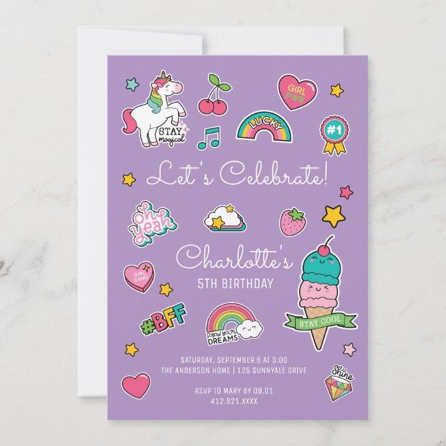 Invitation Sticker Emoji Violet Unicorn Girl Anniversaire (Devant)