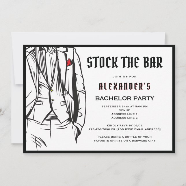 Invitation Stock Bar Modern Black Tuxedo Bachelor Party (Devant)