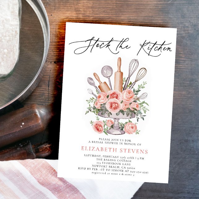 Invitation Stock Cuisine Cuisine Cuisine Rose Fête des mariée (stock the kitchen baking cooking bridal shower invitation tools bouquet roses watercolor pink)