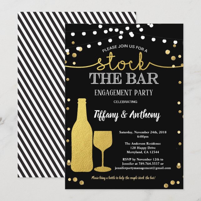 Invitation Stock de la partie de fiançailles du bar noir et o (Devant / Derrière)