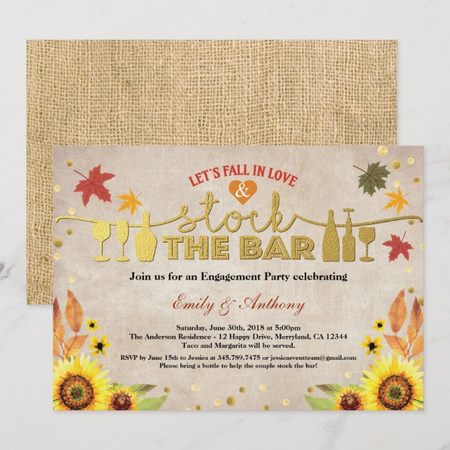 Invitation Stock du tournesol de la partie de fiançailles du  (Devant / Derrière)
