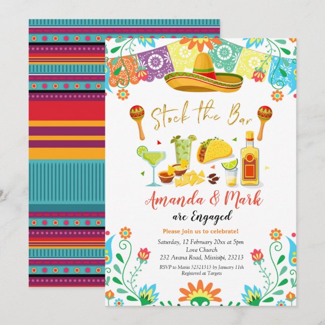Invitation Stock mexicain de la Fiesta Le Bar Engagement Part (Devant / Derrière)