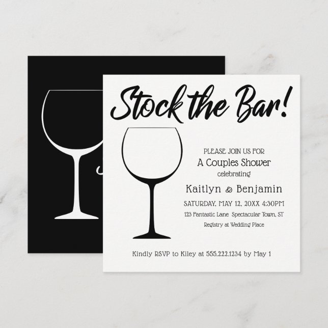Invitation Stock noir & blanc le Bar Script Couples Douche (Devant / Derrière)