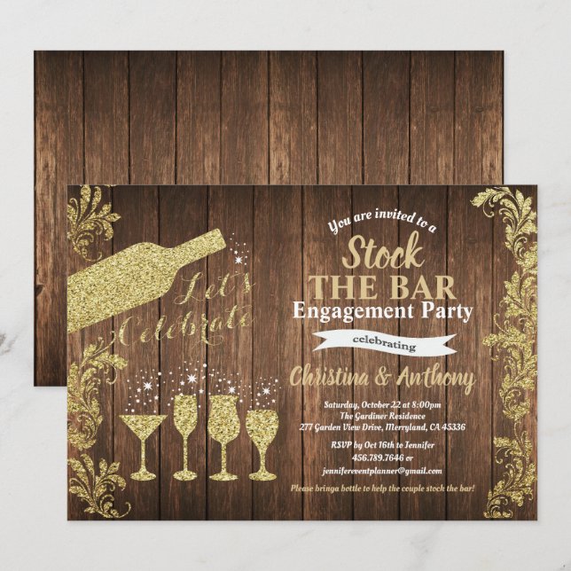 Invitation Stock rustique l'or de partie de fiançailles de (Devant / Derrière)