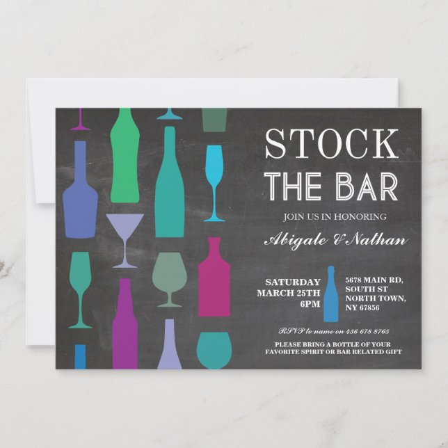 Invitation Stock The Bar Chalk Navy Bouteilles Fête Invitatio (Devant)