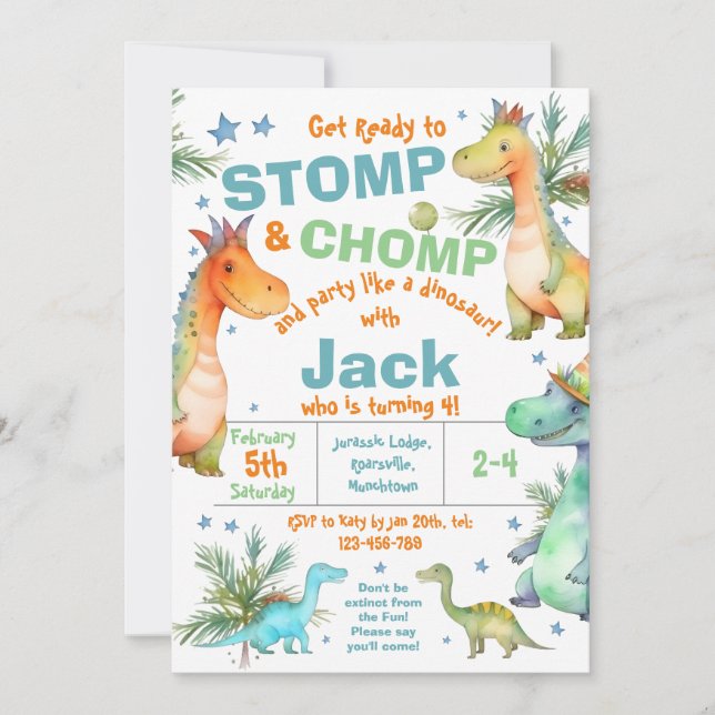 Invitation STOMP ! CHOMP ! Dinosaur Anniversaire Fête Invitat (Devant)